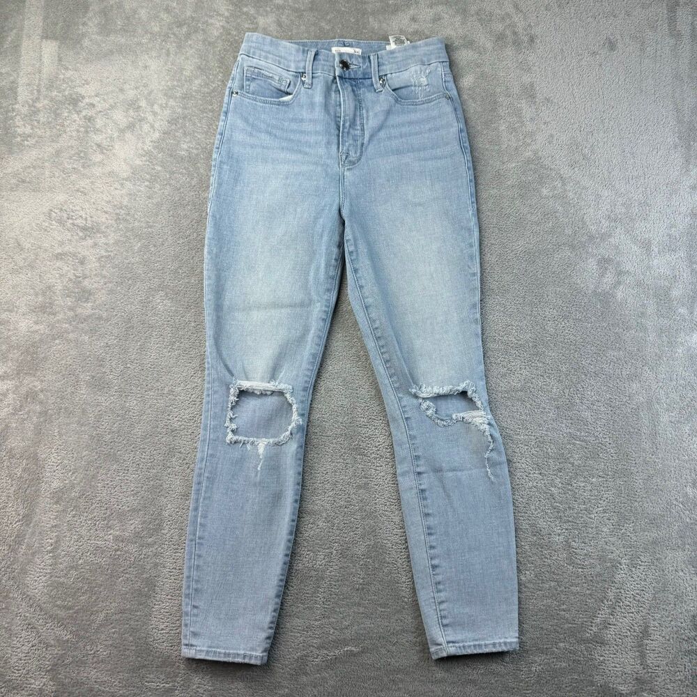 Good American Jeans Women's 4/27 Blue Light Wash Whiskered Distressed Cotton